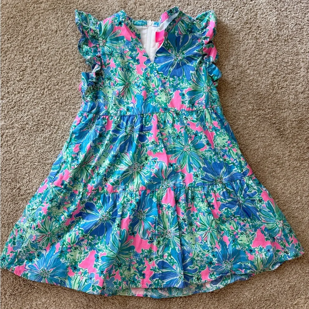 Girls' Floral Ruffle Sleeve Dress - Pink & Blue